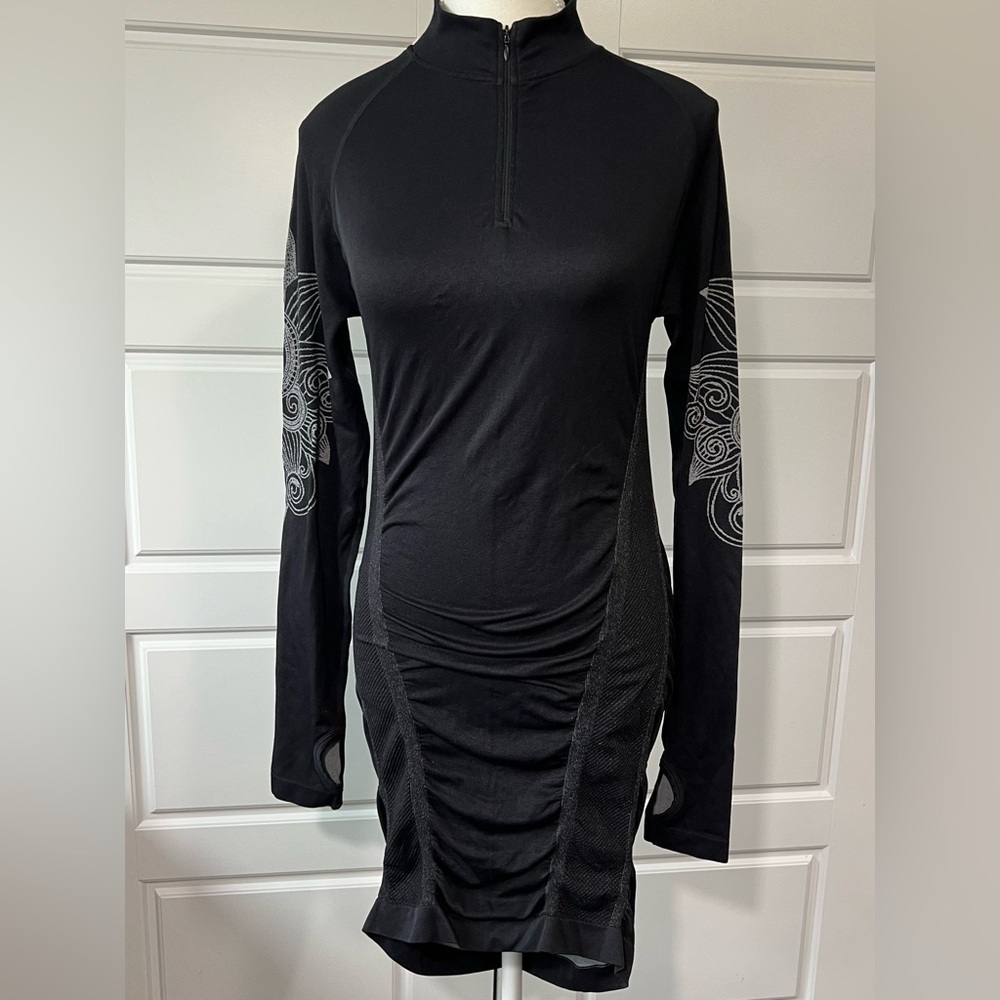 Athletic Essentials Goth Dress Black Long Sleeve Ruched‎ Quarter Zip Size S